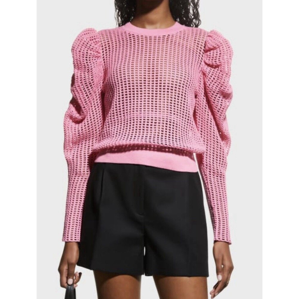 Ulla Johnson Delaney Pullover Sweater Dahlia Pink Open Knit Puff Sleeve M